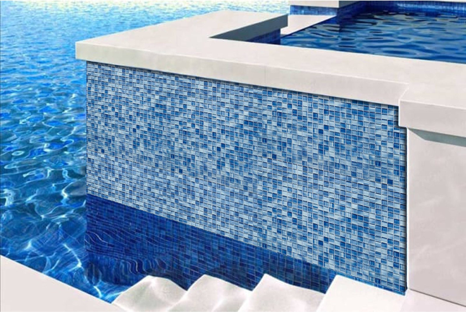 Blue mosaic pool steps and wall detail