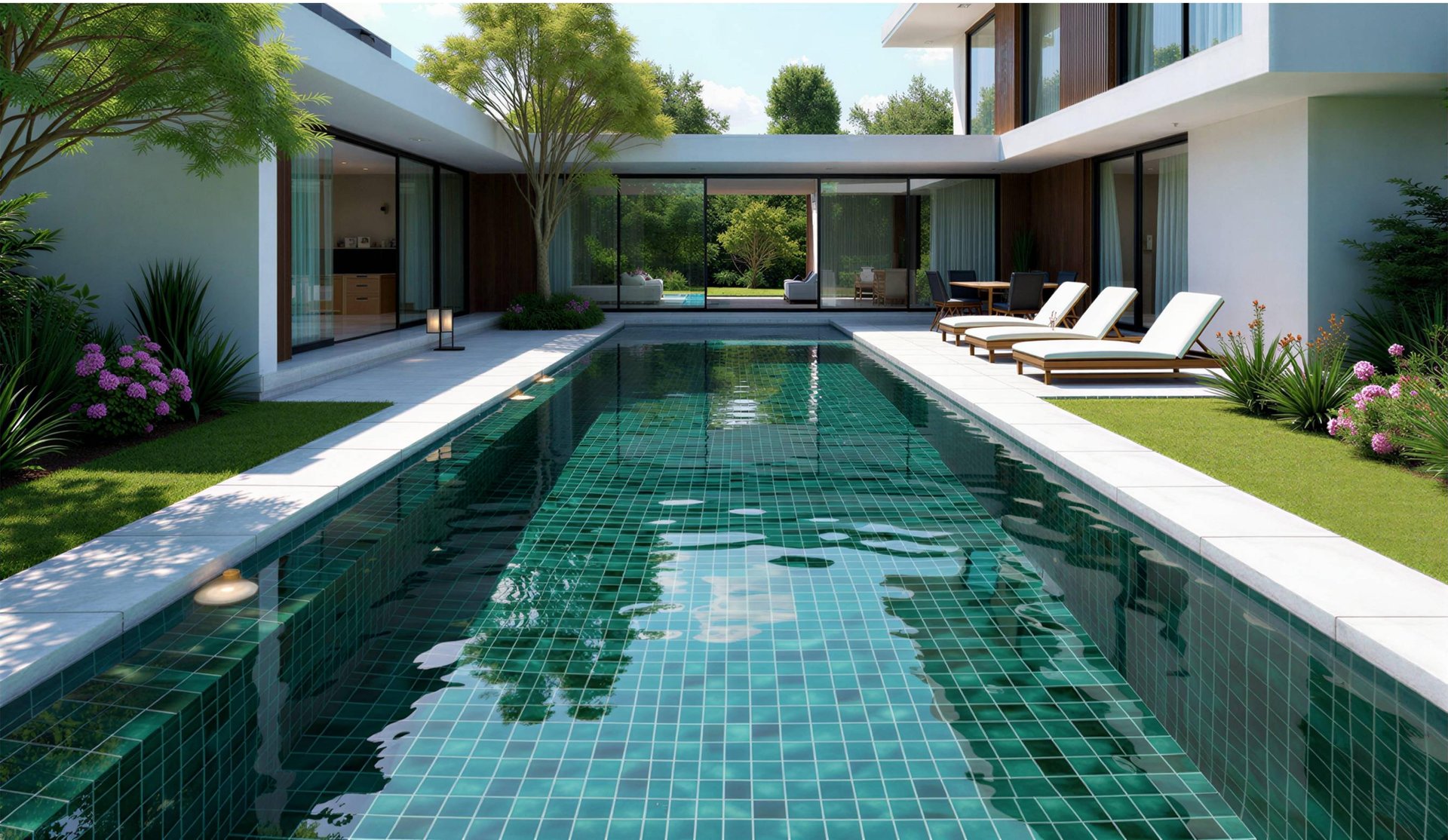 Emerald mosaic pool at modern villa